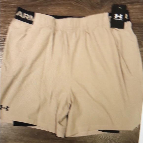 NWT! UNDER ARMOUR MEN'S VANISH 2-IN-1 ATHLETIC SHORTS, TAN, BLACK, XL - Picture 1 of 1